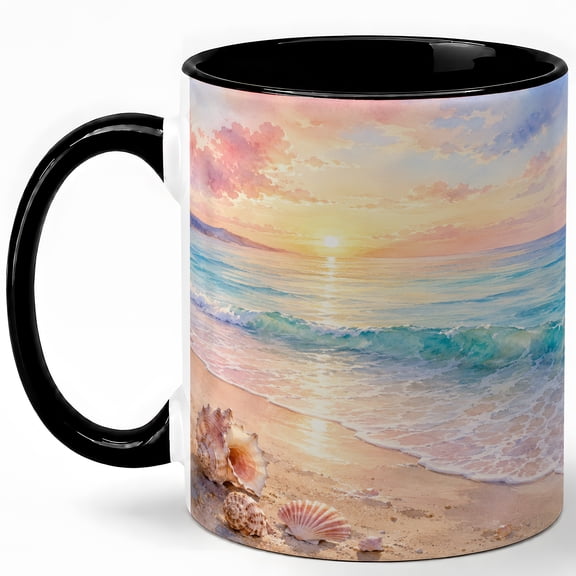 Pastel Beach Sunrise 11oz Ceramic Mug, Seashell Shore Coffee Cup