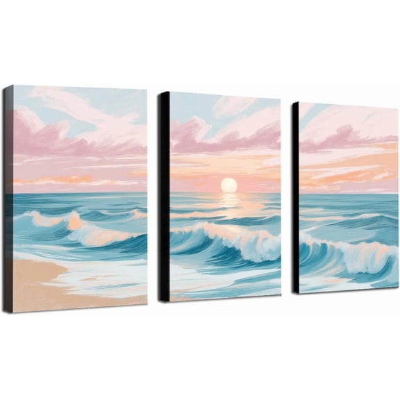 Pastel Beach Sunset Poster Art Print Set of 3 Coastal Beautiful Scenery Mural Calm Sea and Gentle Waves Canvas Wall Art Unique Gift for Art Lovers Suitable for Room Aesthetics and Wall Decor