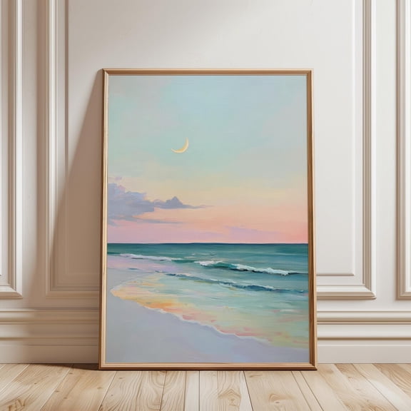 Pastel Beach Sunset Wall Art Crescent Moon Home Decor