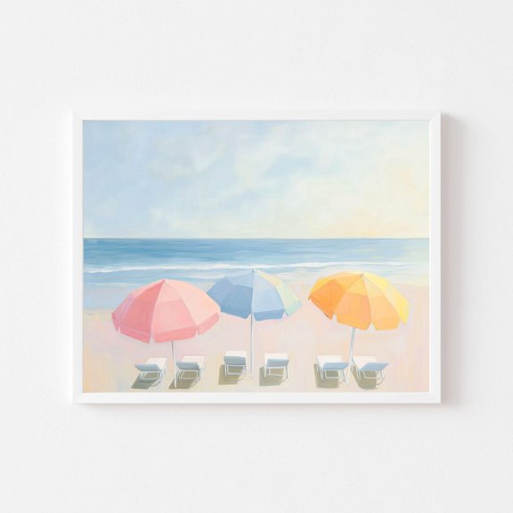 Pastel Beach Umbrellas Painting Coastal Seascape Wall Art Print Pink Blue Yellow Summer Girly Jersey Shore Wall Art Decor For Home Office