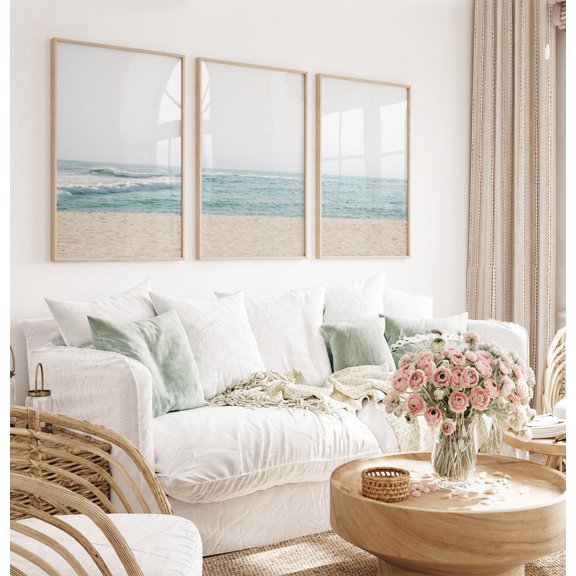 Pastel Beach Wave Print Set Coastal Bedroom Wall Art Poster Set 3