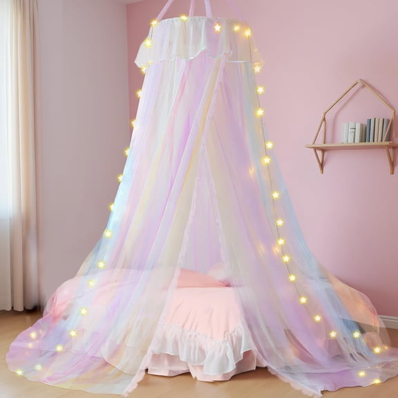Pastel Bed Canopy with Lights for Girls | Double Layer Mesh Netting Princess's Birthday Gift Ruffle Lace Decor for Room Bed Canopy Netting Mosquito Net | Home Decor for Twin/Full/Queen/King
