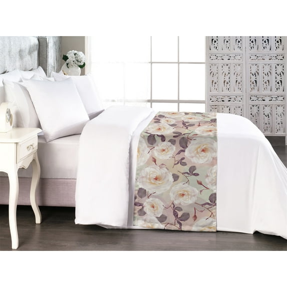 Pastel Bed Runner, Vintage Floral Blooming Wild Rose and Leaves on Soft Colored Rounds, Decorative Accent Bedding Scarf for Hotels Homes & Guest Rooms, Queen, Eggshell and Multicolor, by Ambesonne