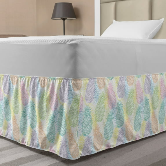 Pastel Bed Skirt, Colorful Outlines of Pineapple Fruits on Dotted Background Tropical Exotic Summer, Elastic Bedskirt Dust Ruffle Wrap Around for Bedding Decor, 4 Sizes, Multicolor, by Ambesonne