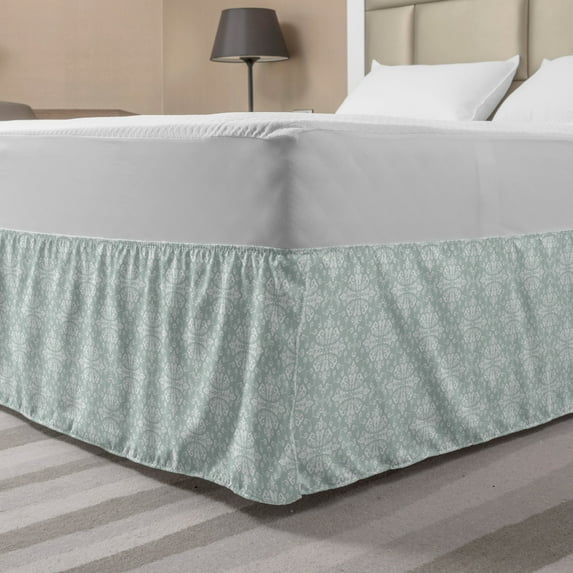 Pastel Bed Skirt, Oriental Bohemian Swirly Flower Leaf Motif Traditional Arabesque, Elastic Bedskirt Dust Ruffle Wrap Around for Bedding Decor, 4 Sizes, Pale Sage Green and White, by Ambesonne