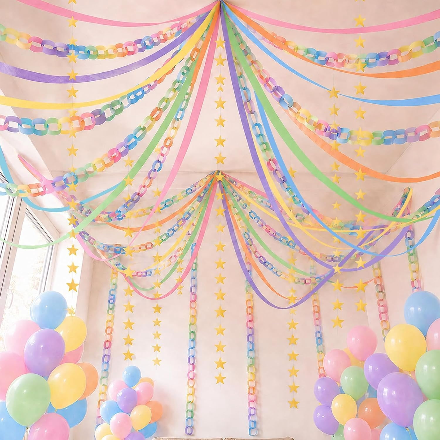 Pastel Birthday Decorations Paper Chain Garland Set Strips Streamers ...