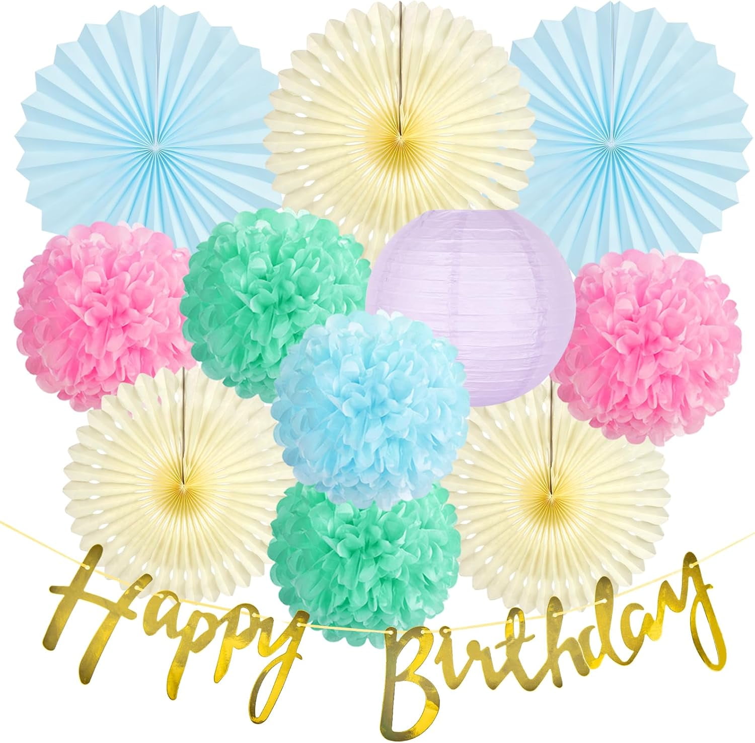 Pastel Birthday Party Decorations for Girls Women with Happy Birthday Banner Pastel Paper Fans Tissue Pom Poms Lantern Decorations Birthday Decorations Kit
