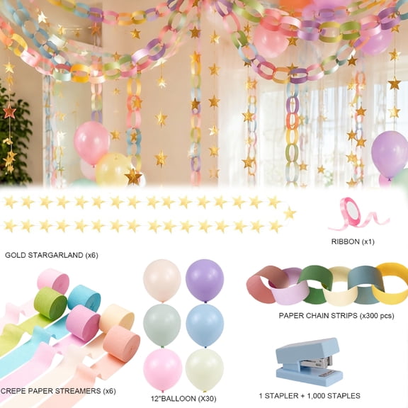 Pastel Birthday Party Decorations Kit for Hanging Decor with 492ft Crepe Paper Streamers, 300 Sheets Paper Chain Strips, 78.6ft Gold Star Garland and 30Pcs 12" Pastel Balloons, Macaron Color