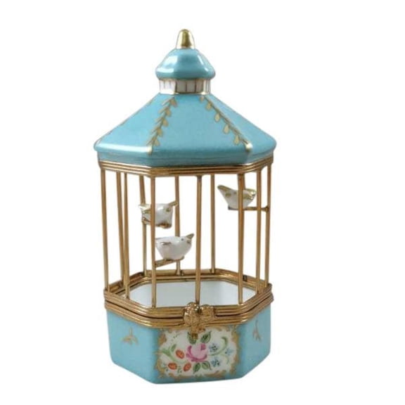 Tiffany Blue Bird Cage with 3 Gold Birds Limoges Box Limoges Box Porcelain Figurine