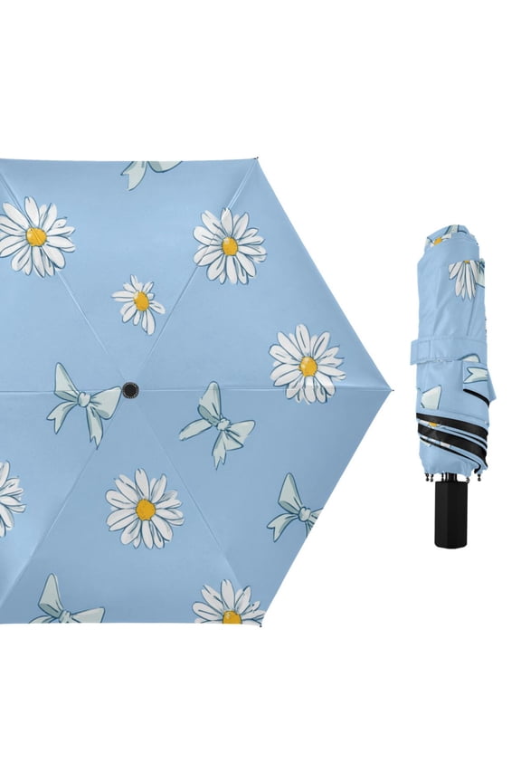 Pastel Blue Bows Daisies Flower All Weather Umbrella Triple Folding Parasol 6 Ribs UV Protection Portable