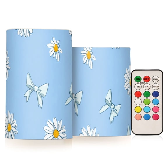 Pastel Blue Bows Daisies Flower Flickering Flameless Candles LED Tealight Battery Operated with Remote Set of 2 Holiday Decor Ornaments