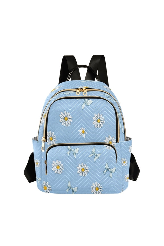 Pastel Blue Bows Daisies Flower Quilted Backpack Fashion Daypack Commuter Bag for Women 8.5 L