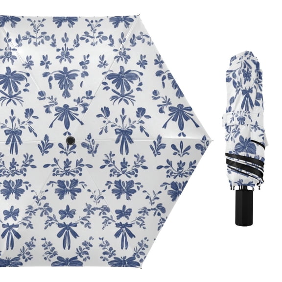 Pastel Blue Flowers Leaves Bowknots All Weather Umbrella Triple Folding Parasol 6 Ribs UV Protection Portable