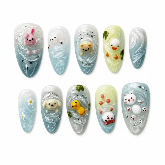 Pastel Blue Green Animal Press on Nails, Long Almond Glossy False Nails with Raised Detail, 30 Count