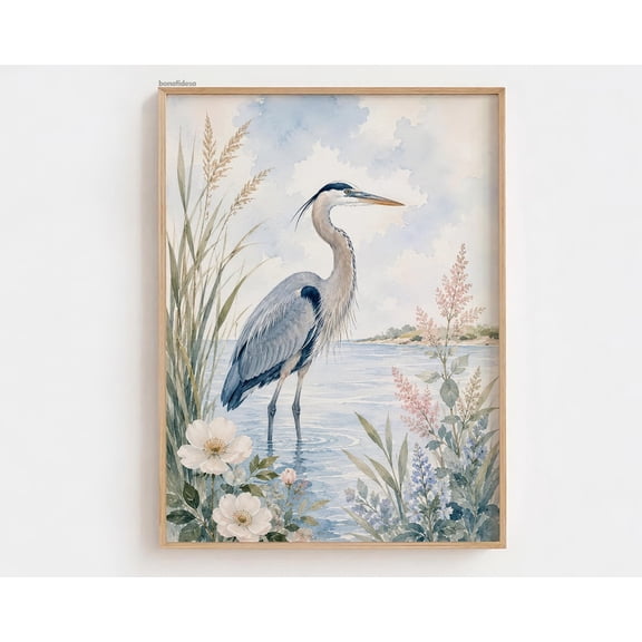 Pastel Blue Heron Coastal Bird Lake Decor Wall Art Unframed Paper Print