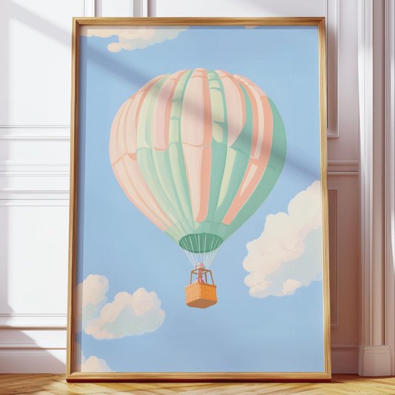 Pastel Blue Hot Air Balloon Poster Sky Cloud Travel Decor, Unframed Paper Poster 8x10in