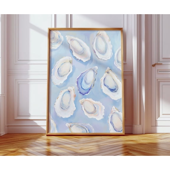 Pastel Blue Oyster Shell, Abstract Coastal Beach House Wall Art, Colorful Summer Kitchen And Dining Room Decor, F036, 24x36 UNFRAMED