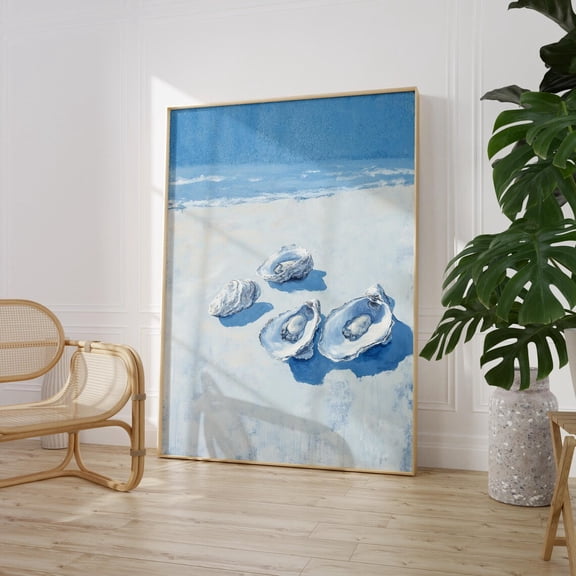 Pastel Blue Oyster Shell Art Coastal Marine Life Decoration, Unframed Canvas 12x16in
