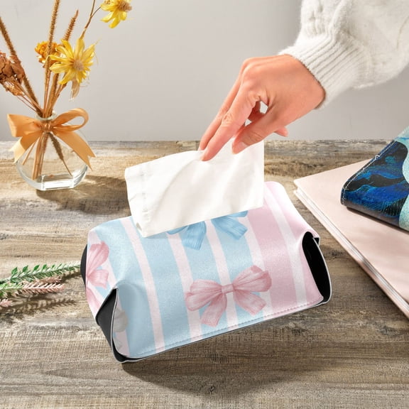 Pastel Blue Pink White Bows on Stripes Leather Tissue Box Cover Rectangle Tissue Holder Foldable