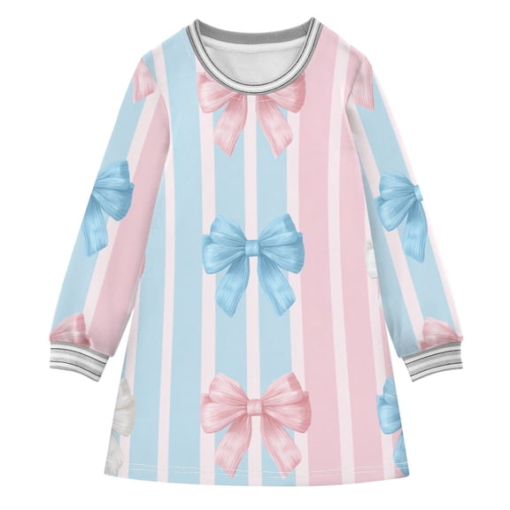 Pastel Blue Pink White Bows on Stripes Long-sleeved Dress A-line One-Piece Dress for 2-8 Years Casual Party 4T