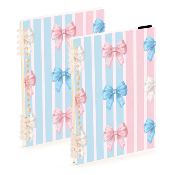 Pastel Blue Pink White Bows on Stripes Notebook Detachable Coil Notebook Diary Plan Book A5 Size 60 Pages 1 Pack