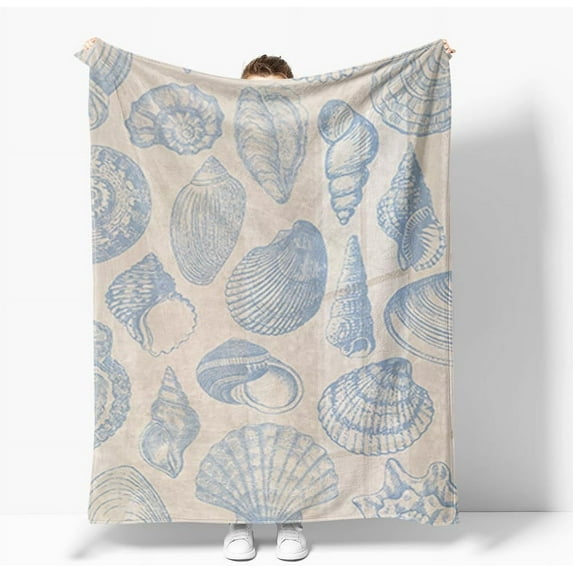 Pastel Blue Seashells Blanket,Soft Flannel Lightweight Blanket,Aesthetic Seashells Throw Blanket for Bedroom Sofa Decor,Trendy Cute Blanket for Women Girls All Seasons 50x60inch