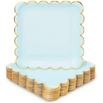 Pastel Blue Square Paper Plates, Gold Foil Scalloped Edge (9 In, 48 Pack)