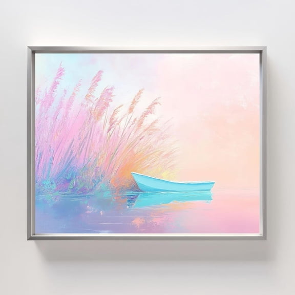 Pastel Boat Art Print, Tranquil Landscape Wall Art, Serene Lake Scene, Soft Color Nature Art, Whimsical Boat Wall Art, Modern Wall Decor, 8x12 UNFRAMED