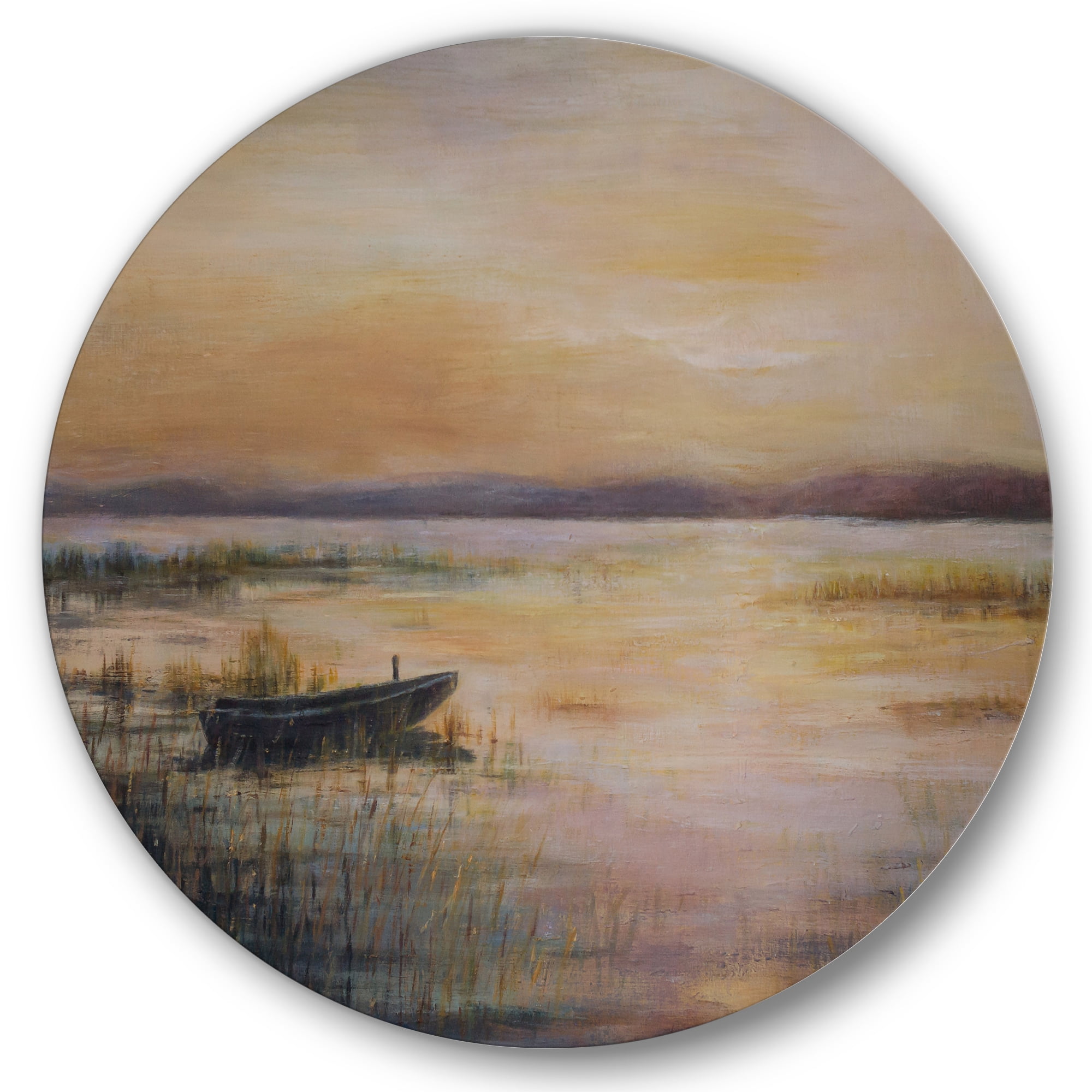 Pastel Boat Sunset Over The Lake 11 in x 11 in Painting Art Prints, by Designart