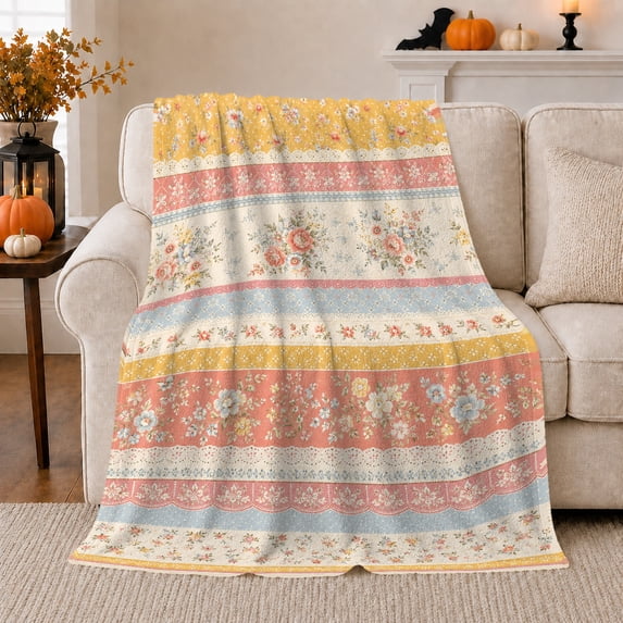 Pastel Boho Floral Bands in Peach and Blue, Serene Botanical Style for Flower Lovers, Soft Garden Stripe and Housewarming Gift, Cozy Flannel Blanket for Bedroom and Guest Room, Home Decor