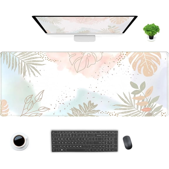 Pastel Boho Leaf Desk Mat Aesthetic Gaming Mouse Pad XL Large Extended Desk Pad Anime Desk Matt for Desktop, Laptop Computer Keyboard and Mouse Mat for Women Office Decor Accessories 31.5x11.8 in