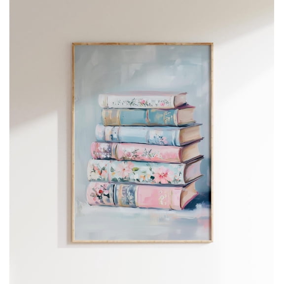 Pastel Book Stack Bookshelf Library Reading Room Wall Art Poster, Unframed Canvas
