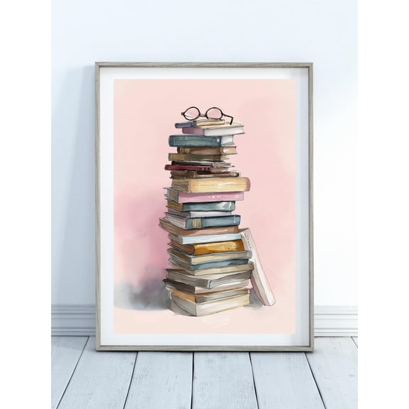 Pastel Book Stack & Glasses Poster-Pink Bookish Reading Poster, Minimalist Reading Art Poster, Cute Library Decor, Book Lover Preppy Girl, Stretched Canvas Size 8x12