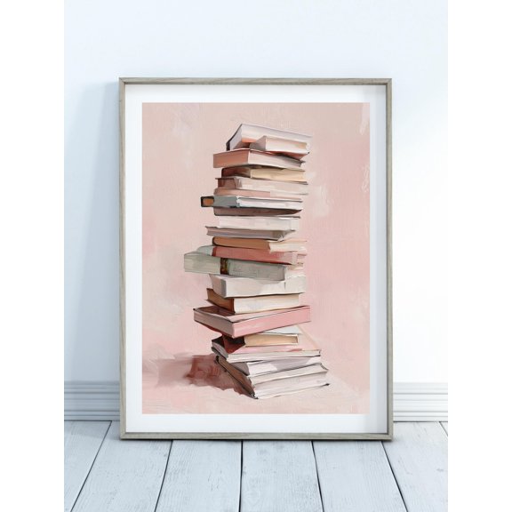 Pastel Book Stack Poster - Pink Bookish Reading Poster, Minimalist Reading Art Poster, Cute Library Decor, Book Lover, Girly Preppy Room, Stretched Canvas Size 16x24