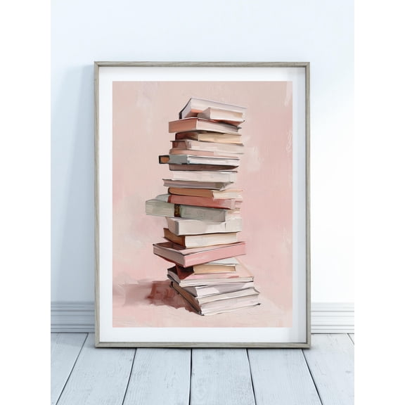 Pastel Book Stack Poster - Pink Bookish Reading Poster, Minimalist Reading Art Poster, Cute Library Decor, Book Lover, Girly Preppy Room, Unframed Canvas Size 12x18