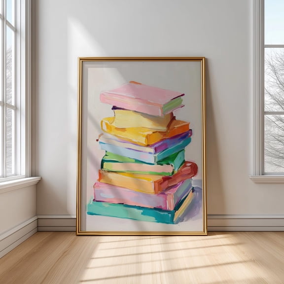 Pastel Book Stack Poster: Rainbow Books, Reading Nook Decor, Unframed Canvas Size 8x12