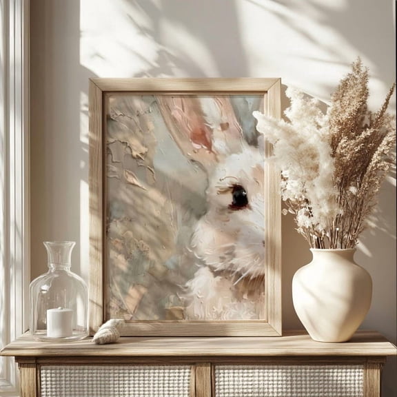 Pastel Bunny Painting Wall Art, Blush Spring White Bunny Vintage Easter Oil Painting Print, Chic Rabbit Printable Size 24x36 Unframed Poster