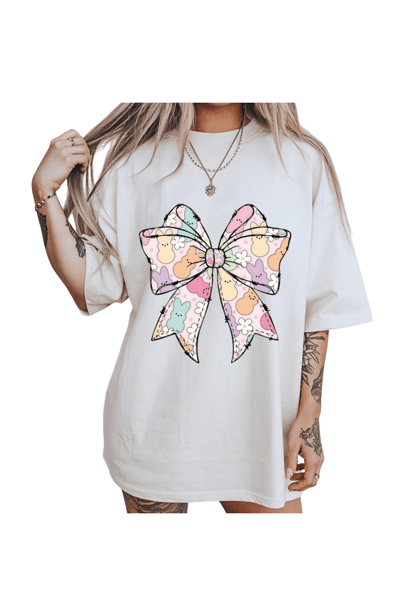 Pastel Bunny Patchwork Bow Print Tshirt White S-5XL Whimsical Easter Graphic Tees Shirts Tops