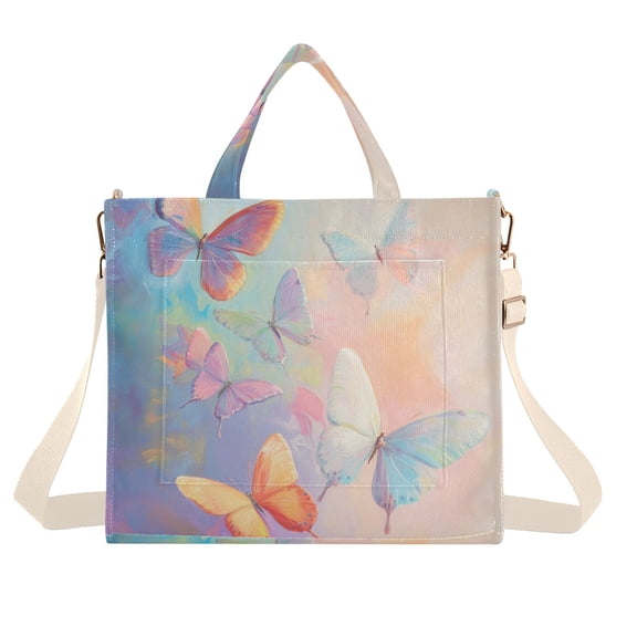 Pastel Butterflies Corduroy Tote Bag Handbag Large Messenger Bag Shoulder Crossbody Zipper Bag Purse