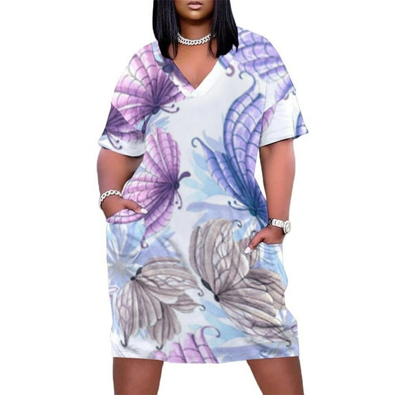 Pastel Butterflies Floral White Background Women's Summer Short Sleeve Casual Dresses Party Dress