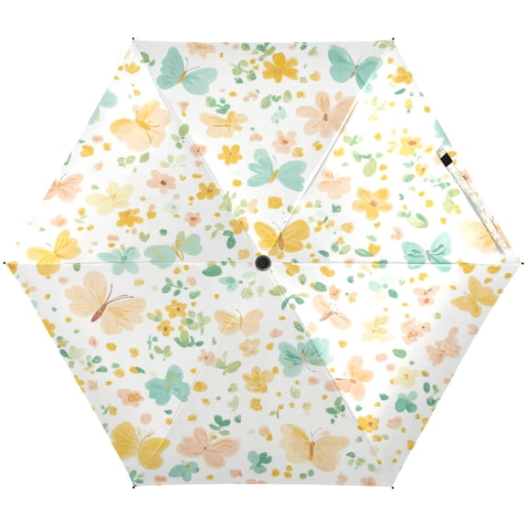 Pastel Butterflies Pattern Umbrellas for Sun Auto Open Close UV50+ Waterproof 5-Fold Compact Fiberglass Frame
