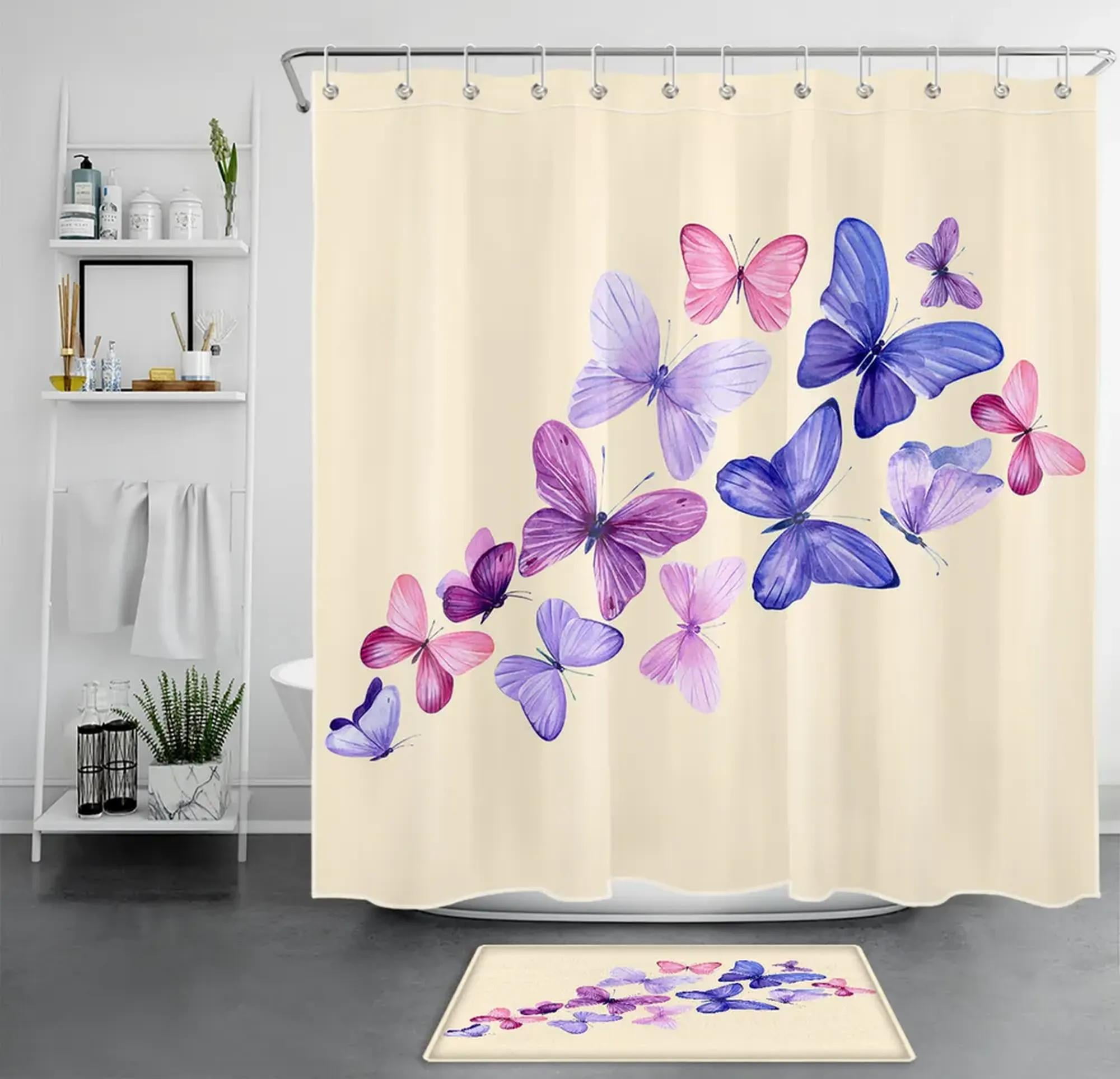 Pastel Butterfly Bathroom Set Beige, Pink & Blue Shower Curtain and