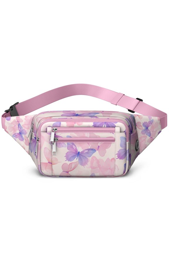 Pastel Butterfly DanceWater-Resistant Running fanny pack with Multiple Zipper Pockets, Adjustable Waist pack
