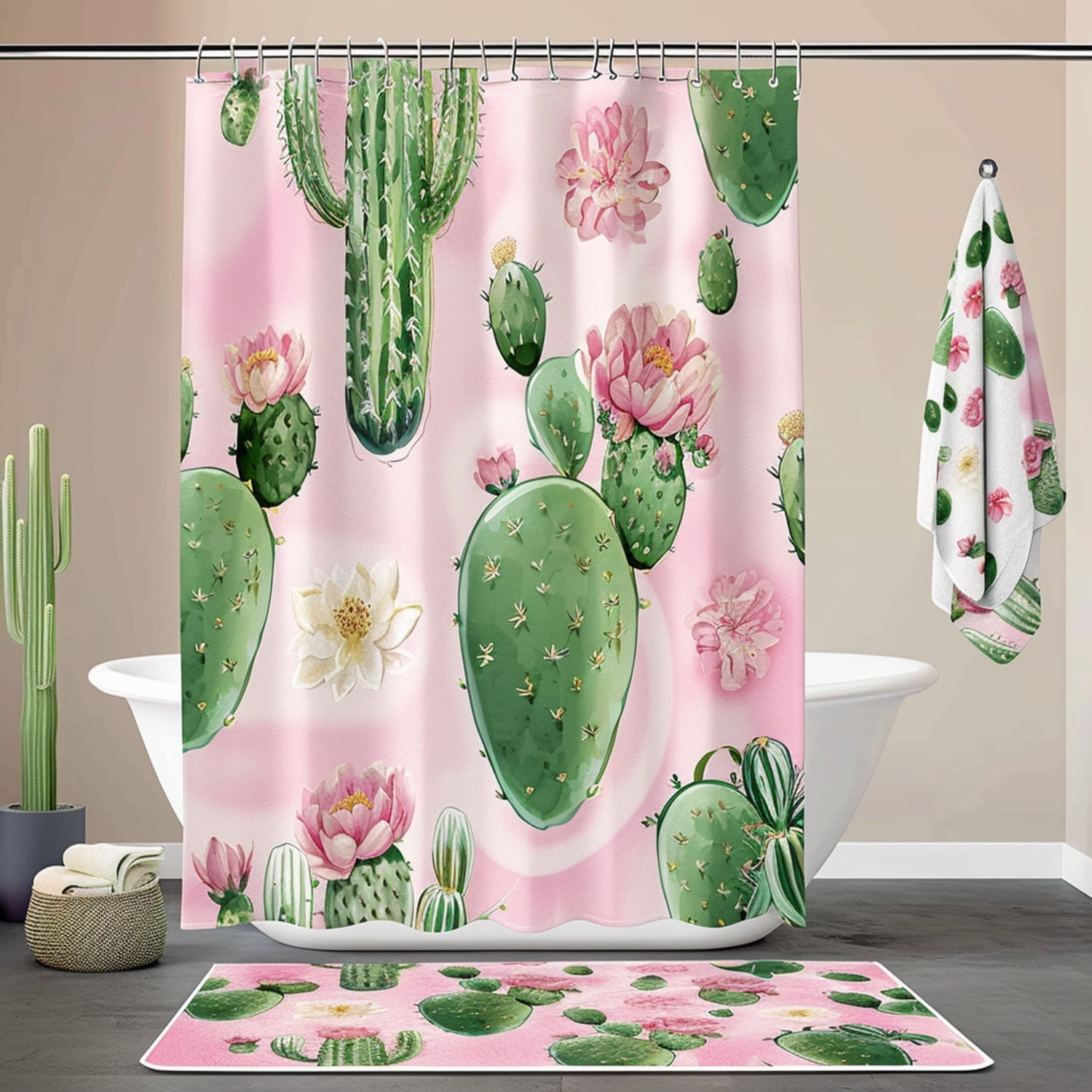 Pastel Cactus Paradise Watercolor Cacti Shower Curtain Set with White