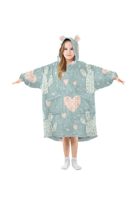 Pastel Cactus with Hearts Valentine Flannel Wearable Blankets Hooded Design Long Sleeves Wrap Unisex for 3T-14Y S