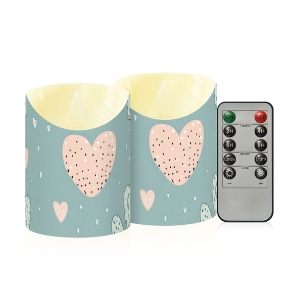 Pastel Cactus with Hearts Valentine Flickering Flameless Candles with Remote Timer Battery Operated LED Tealight Set of 2 S