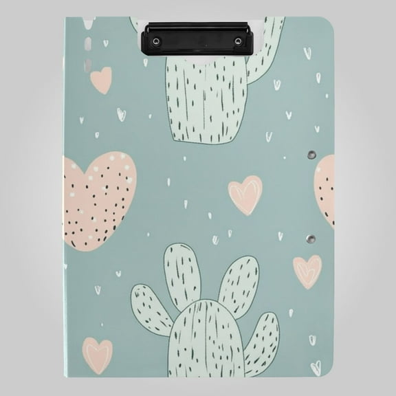 Pastel Cactus with Hearts Valentine Foldable Binder Folder Clipboard with Pen Slot Double Clips A4 Size File Storage