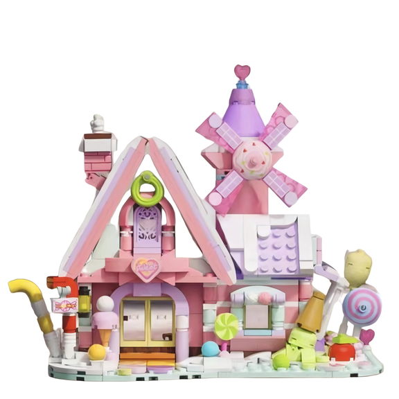 Pastel Candy Windmill House Building Blocks Set, Whimsical Sweet Shop Decor Model, Creative Birthday Gift, Home Office Table Centerpiece