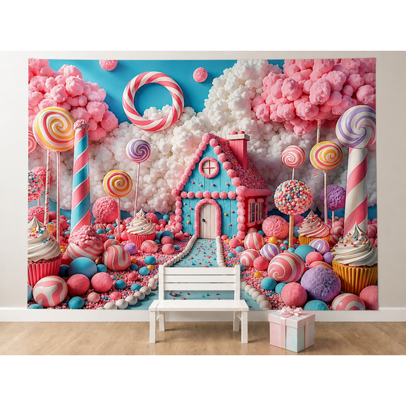 Pastel Candyland House Birthday Backdrop