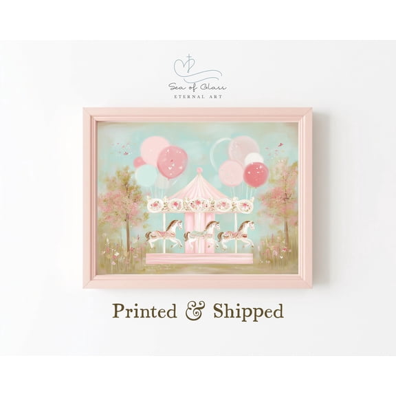 Pastel Carousel Wall Art Poster: Whimsical Nursery Print Poster With Horses And Balloons, Cottagecore Room Decor, (Mailed Print Poster) Warm Present Vintage UNFRAMED Poster Size 8x12
